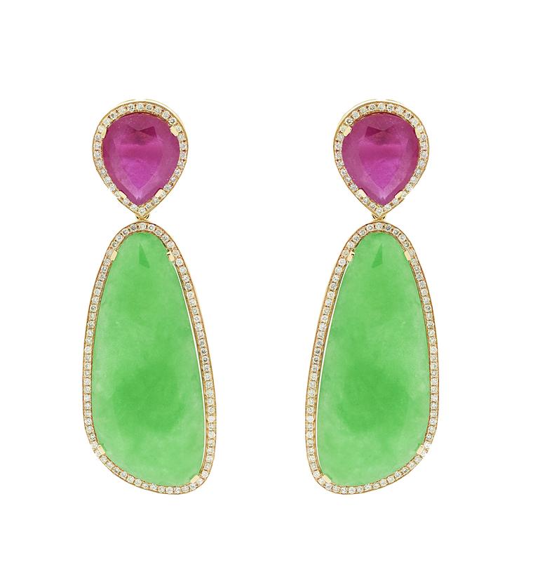 Christina Debs earrings with ruby, green jade and white diamonds set in rose gold, from the Hard Candy collection.